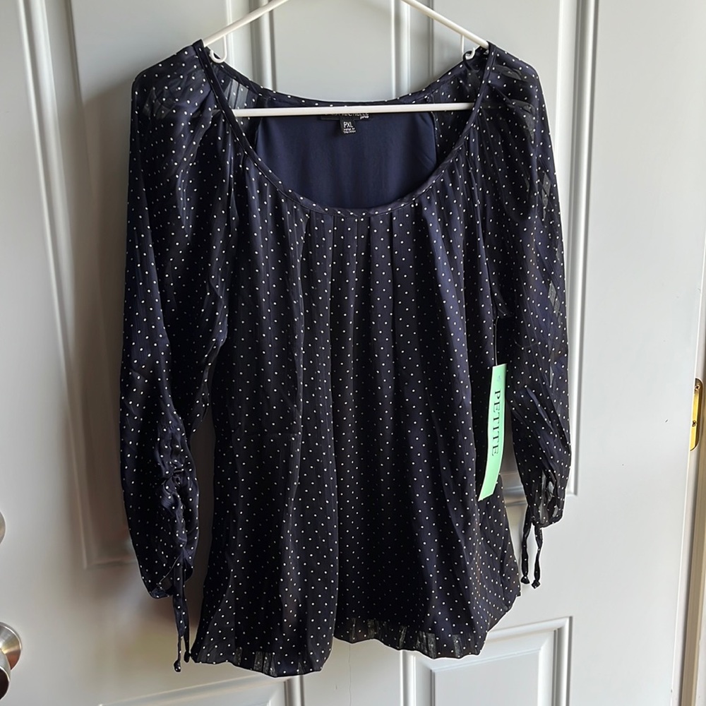 Brand NWT. Navy/ White dot tie sleeve bubble hem blouse. Brand: Sara Michelle